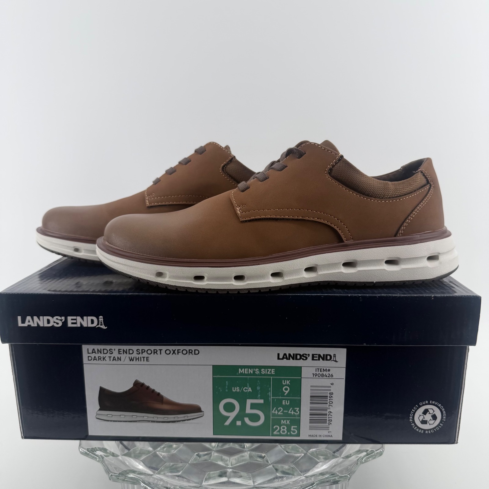 Lands End Mens Sport Oxford Shoes 9.5 Dark Tan White 1908426 Casual Sneakers